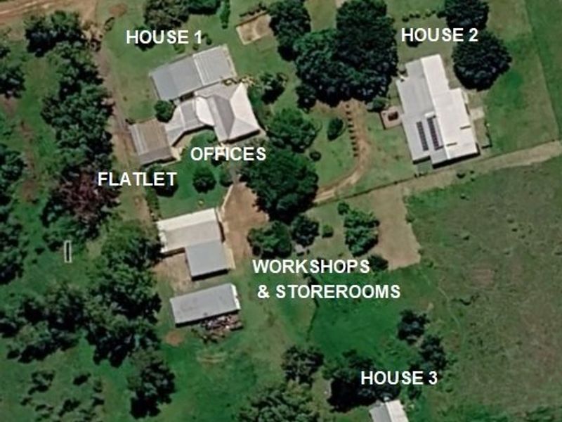 Aerial view of the farm property featuring multiple residential houses, offices, a flatlet, and various workshops and storerooms.
