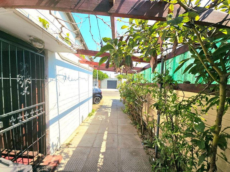 A side walkway featuring a timber pergola structure, security gate, and paved path leading towards the front of the property.