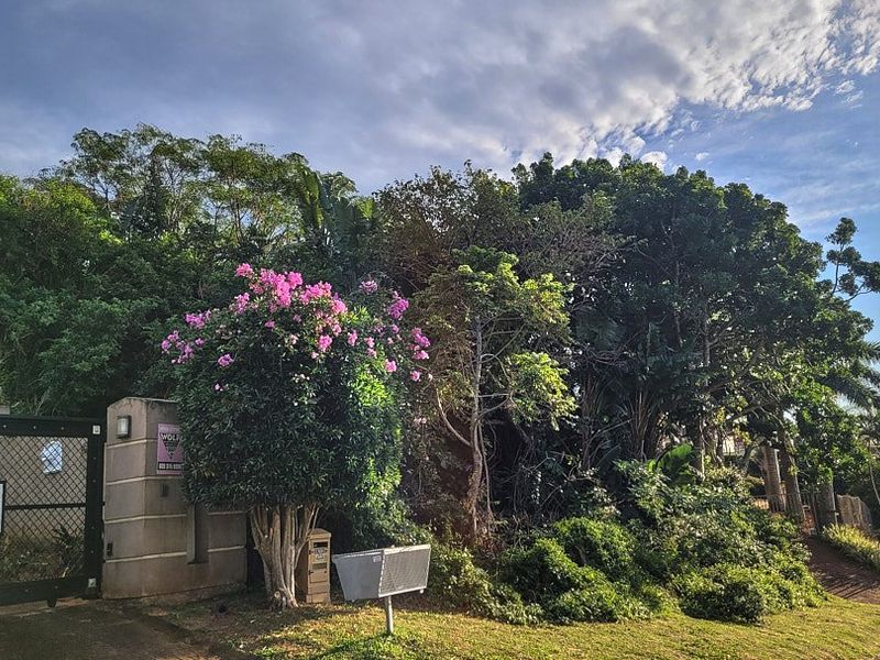 A view of the front entrance to the residential lot, featuring a secure metal gate, masonry pillar, and established garden landscaping.