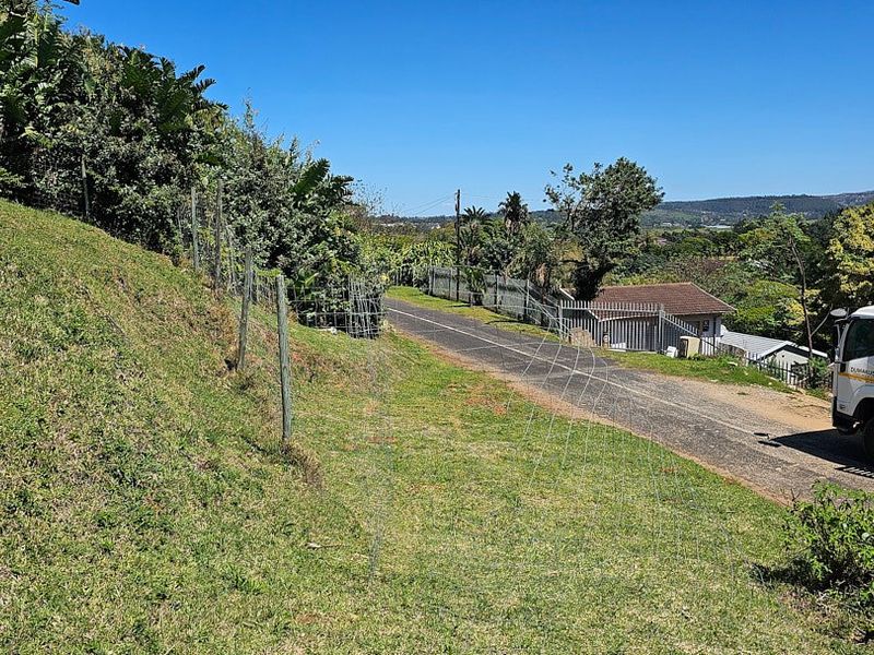 A view of the street approach featuring a sloped grass embankment, wire mesh fencing, and an asphalt road surface.