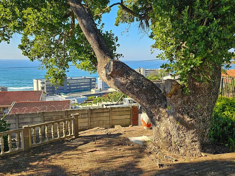 An outdoor area featuring brick paving and a concrete balustrade, offering an elevated view of the ocean and surrounding urban landscape.