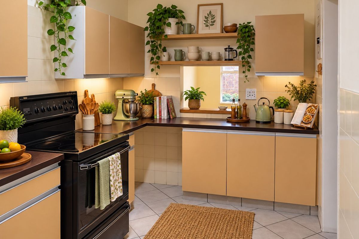 A well-maintained kitchen featuring light-toned cabinetry, dark countertops, a black electric stove, and a tiled backsplash with integrated under-cabinet lighting.