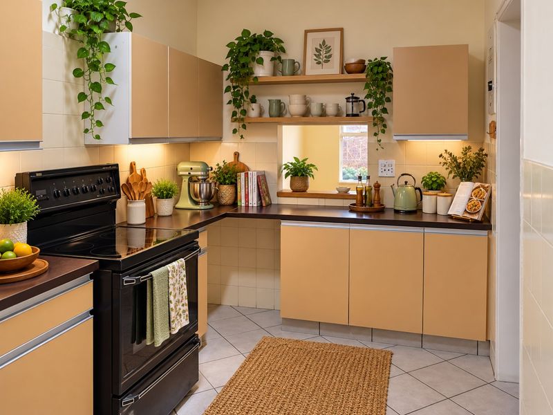 A well-maintained kitchen featuring light-toned cabinetry, dark countertops, a black electric stove, and a tiled backsplash with integrated under-cabinet lighting.