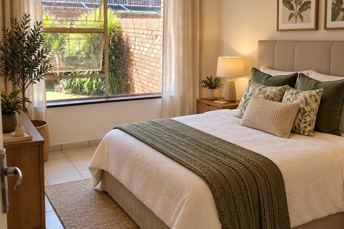 A well-lit, comfortable bedroom featuring tiled flooring, a ceiling fan, and a large window overlooking a private garden area.