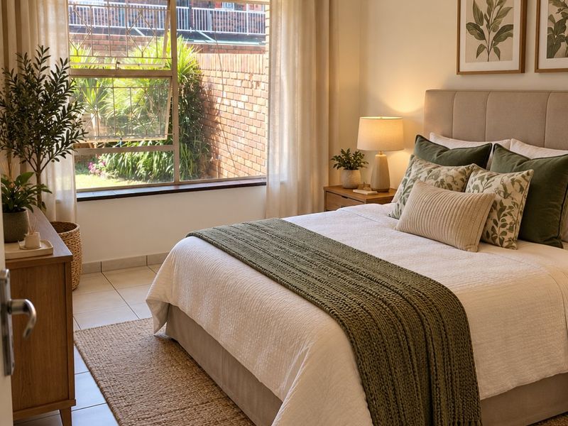 A well-lit, comfortable bedroom featuring tiled flooring, a ceiling fan, and a large window overlooking a private garden area.