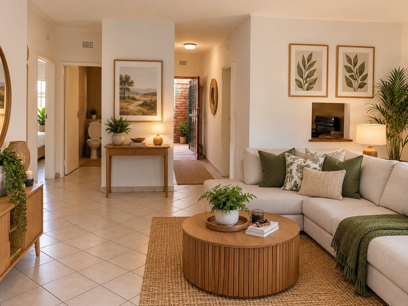 A bright open-plan living area featuring neutral tiled flooring, a built-in wall niche, and seamless flow into the hallway and adjacent rooms.