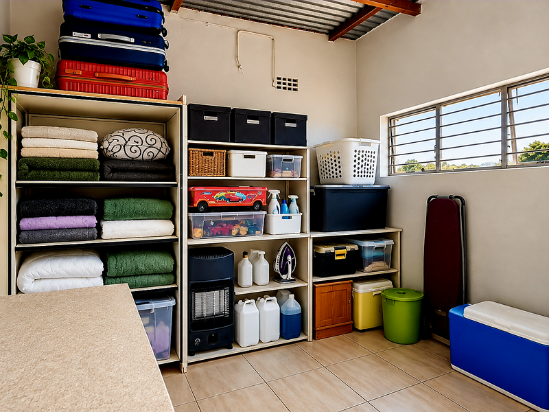 A functional utility or storage room featuring tiled flooring, exposed roof rafters, and a window with security bars.