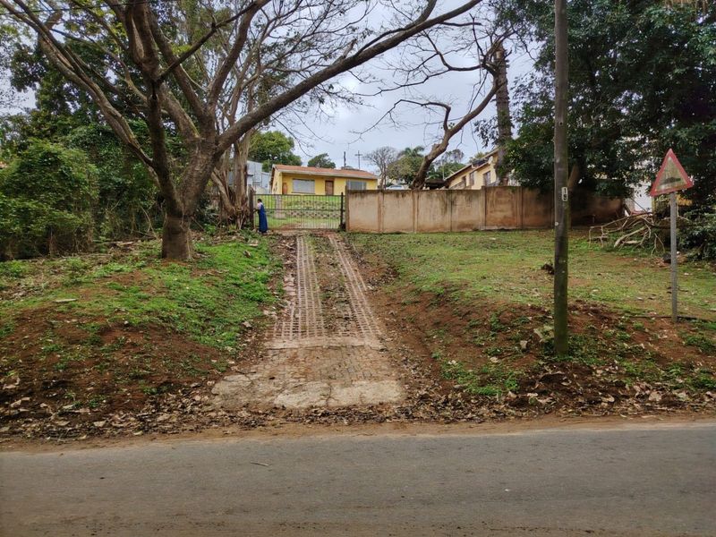 Street view of the property entrance featuring a concrete driveway, perimeter wall, and metal gate with mature trees on the plot.