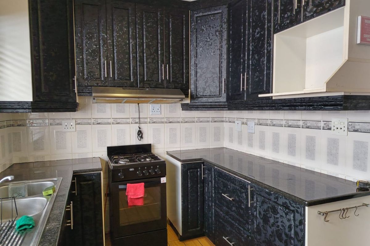 A functional kitchen featuring dark patterned cabinetry, black granite countertops, a stainless steel double sink, and a freestanding gas stove with an extractor fan.