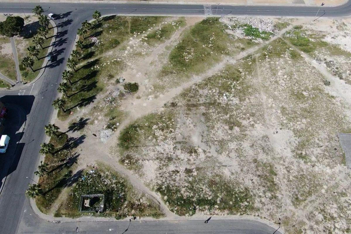 Aerial view of a vacant residential corner plot featuring established palm trees and direct access to surrounding paved roads.
