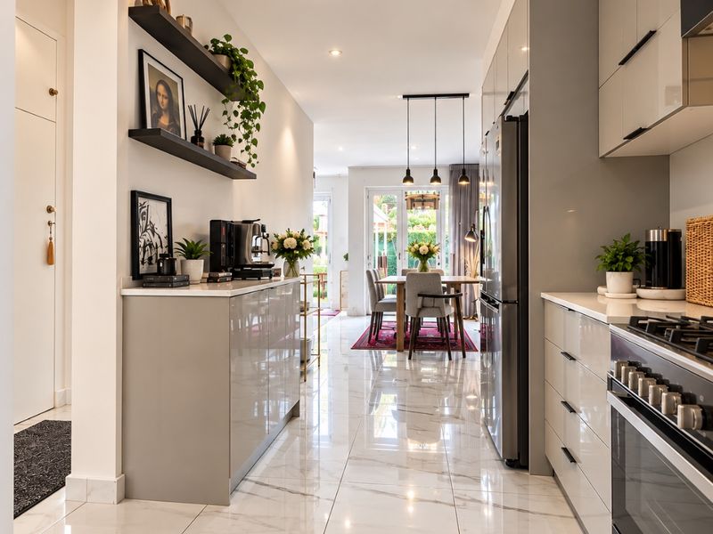 Modern open-plan kitchen and dining area featuring high-gloss cabinetry, stone countertops, marble-look floor tiles, and seamless access to the rear patio.