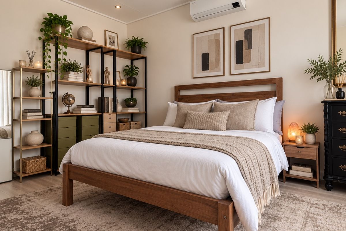 A well-appointed bedroom featuring neutral tones, recessed downlighting, and a wall-mounted split-system air conditioning unit.
