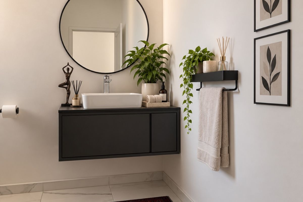 A modern bathroom featuring a sleek wall-mounted vanity, vessel sink, round mirror, and elegant marble-look floor tiles.