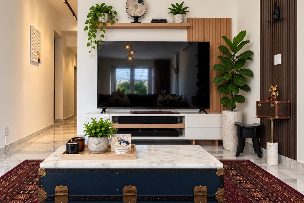 Modern living room featuring a custom media wall with slatted wood accents, integrated shelving, and polished marble flooring.