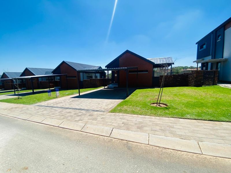 A modern residential street view featuring brick houses with metal roofs, paved driveways, carports, and well-maintained lawns.