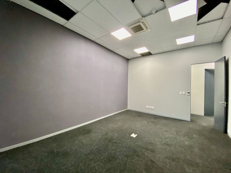 An empty commercial office space featuring a suspended ceiling with recessed lighting, ducted air conditioning, and carpeted flooring.