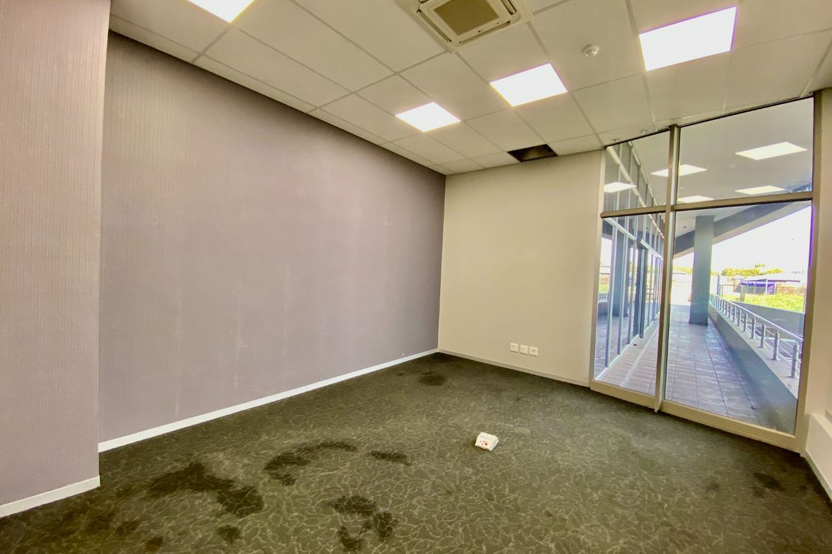 An empty commercial office space featuring carpeted flooring, suspended ceiling with recessed lighting, and floor-to-ceiling glass walls overlooking an exterior walkway.