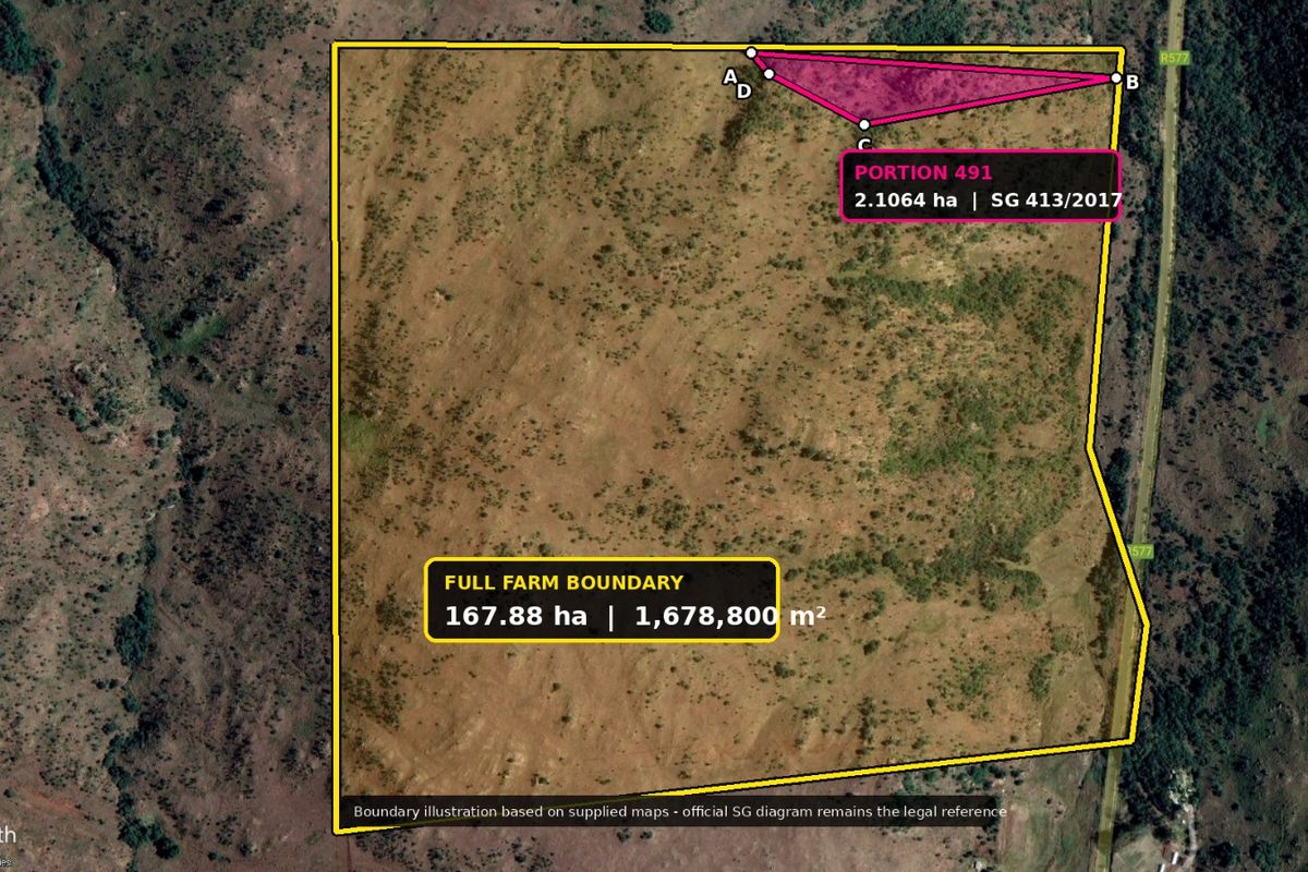 Aerial satellite view showing the farm boundary and specific land portion with area measurements.