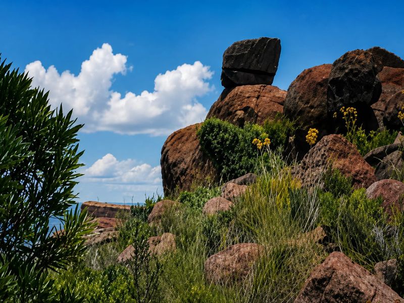 A scenic view of natural rock formations and indigenous vegetation set against a clear blue sky on the farm property.