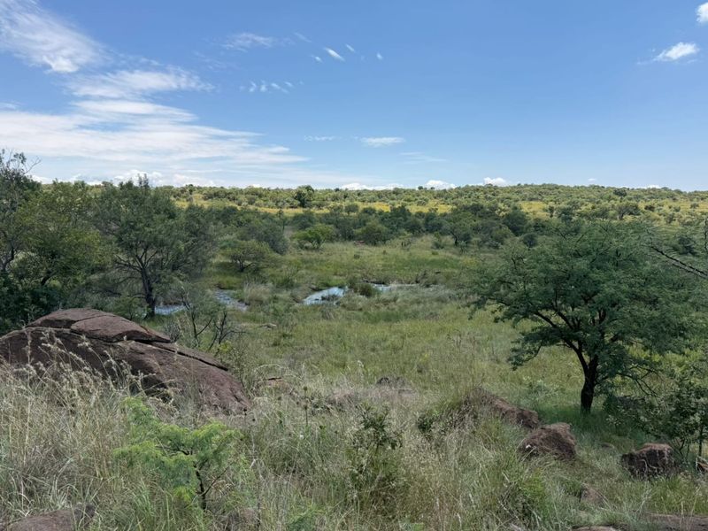 A scenic view of the farm landscape featuring natural rock formations, indigenous vegetation, and a small stream running through the property.