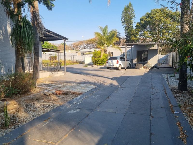 Spacious paved driveway leading to a carport and the main entrance of the property, featuring established trees and boundary walling.