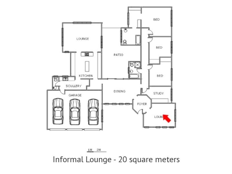 Architectural floor plan showing the layout of the house, including the kitchen, living areas, bedrooms, and triple garage.