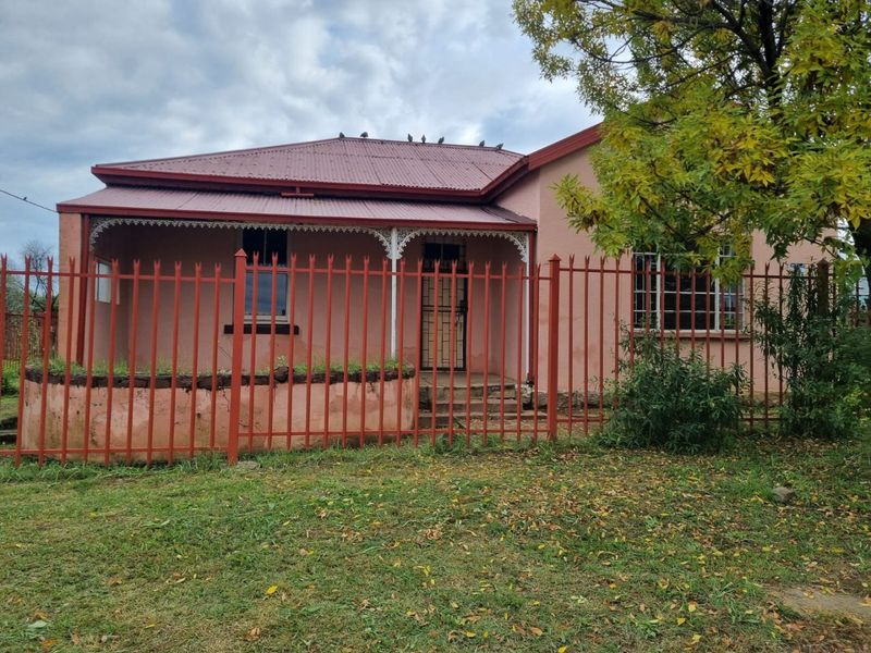 Front elevation of a single-story house featuring a corrugated metal roof, a covered veranda with decorative fretwork, and a perimeter security fence.