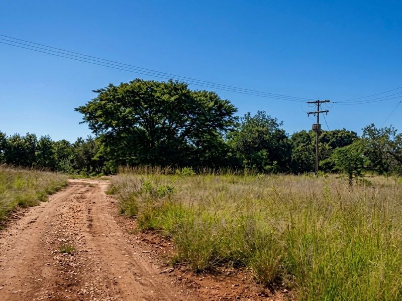 A view of a rural farm property featuring a dirt access road, open grassland, and overhead power lines.