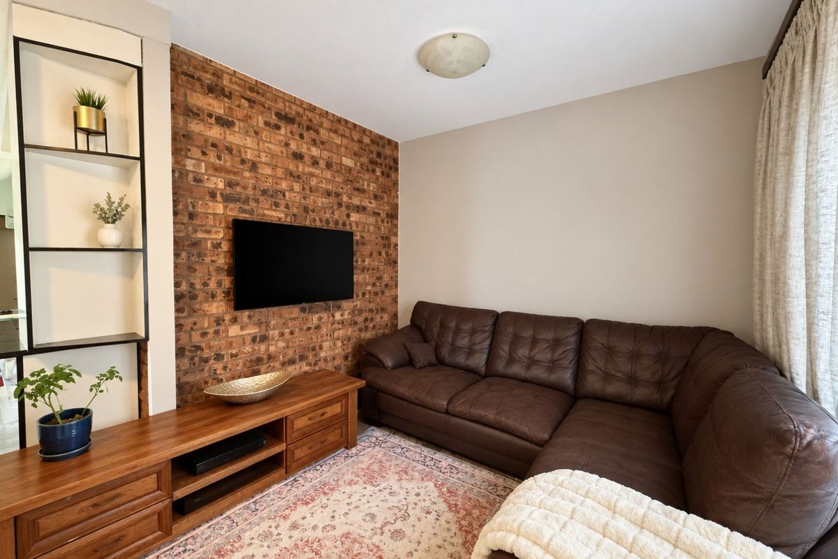 A cozy living room featuring an exposed brick accent wall and built-in shelving, creating a warm and inviting atmosphere.