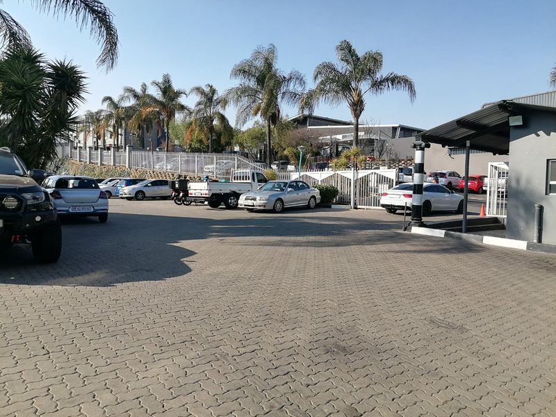 A paved commercial parking area and driveway entrance featuring security fencing, mature palm trees, and a covered entrance canopy.