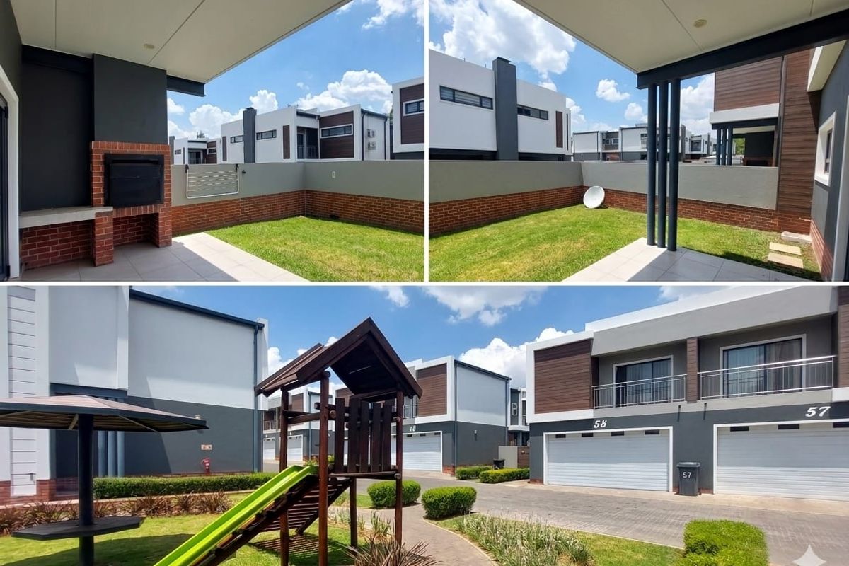 A private rear garden featuring a covered patio with a built-in braai, brick boundary walls, and a well-maintained lawn area.