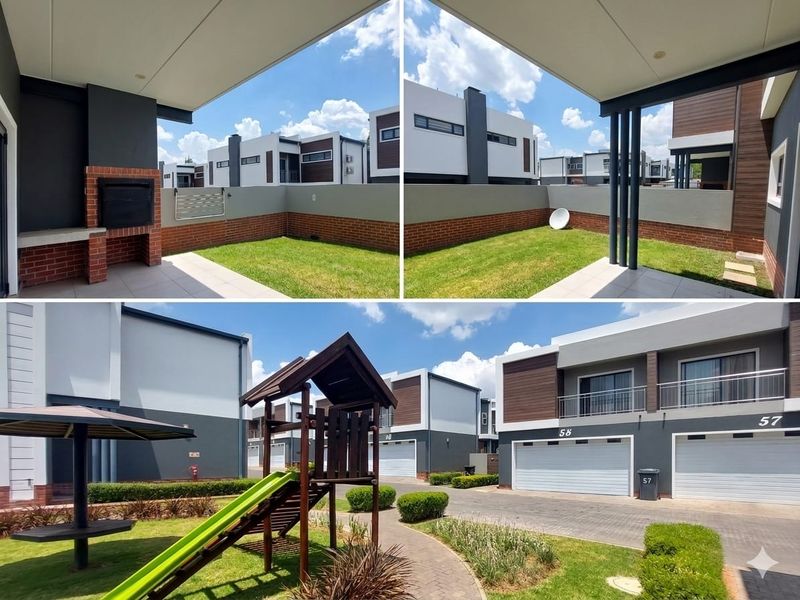 A private rear garden featuring a covered patio with a built-in braai, brick boundary walls, and a well-maintained lawn area.