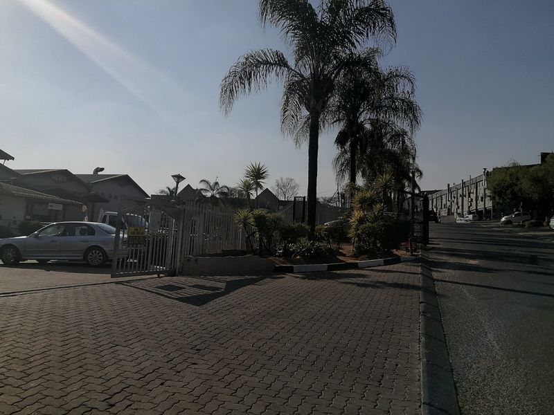 Street view of the commercial property entrance featuring a paved driveway, metal security gate, and established palm tree landscaping.
