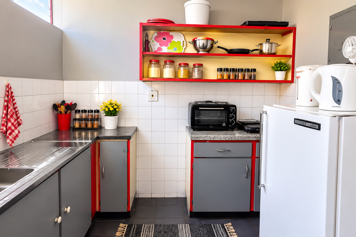 A functional kitchen featuring grey cabinetry with red accents, granite countertops, a stainless steel sink, and a tiled backsplash.