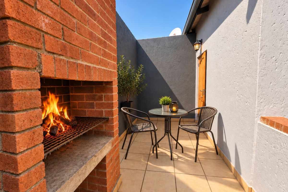 A private outdoor patio area featuring a built-in brick braai, tiled flooring, and direct access to the property.