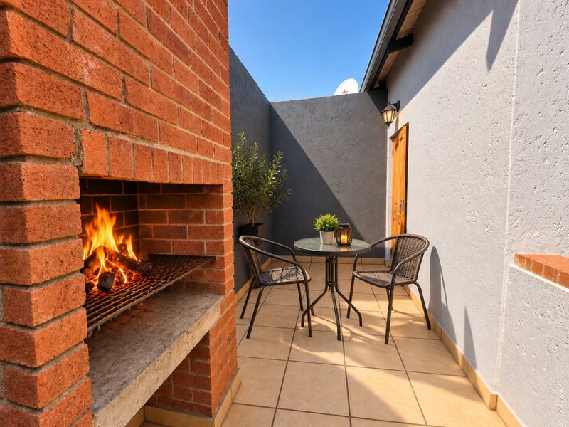 A private outdoor patio area featuring a built-in brick braai, tiled flooring, and direct access to the property.