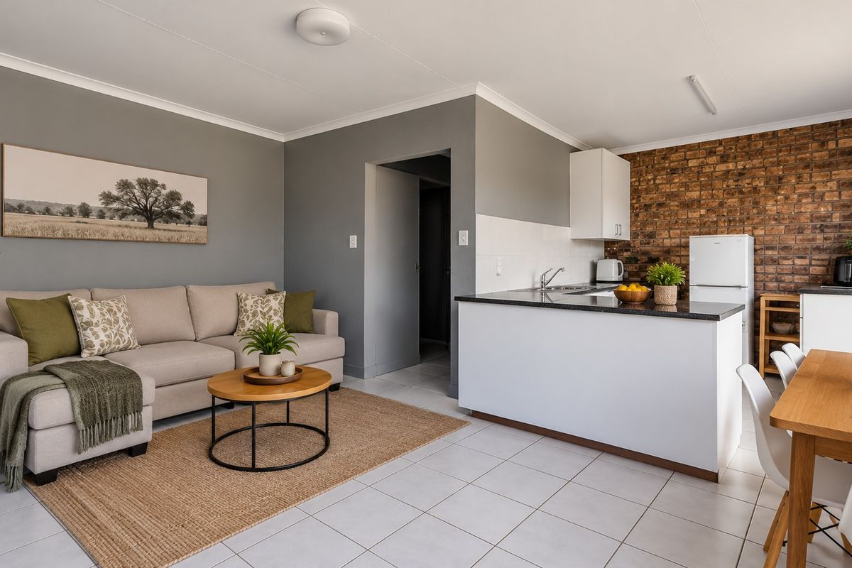 An open-plan living and kitchen area featuring tiled floors, a kitchen island, and a distinctive exposed brick feature wall.