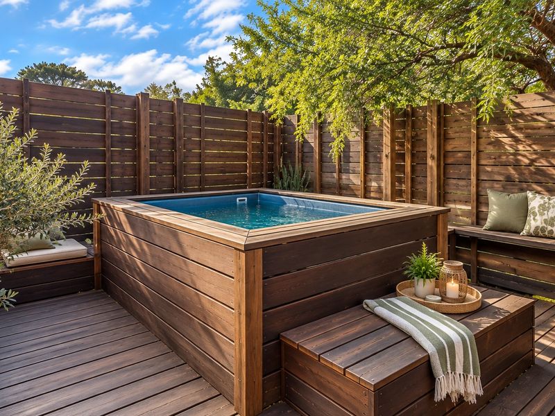 A well-maintained outdoor area featuring a built-in plunge pool surrounded by timber decking and privacy fencing with integrated bench seating.