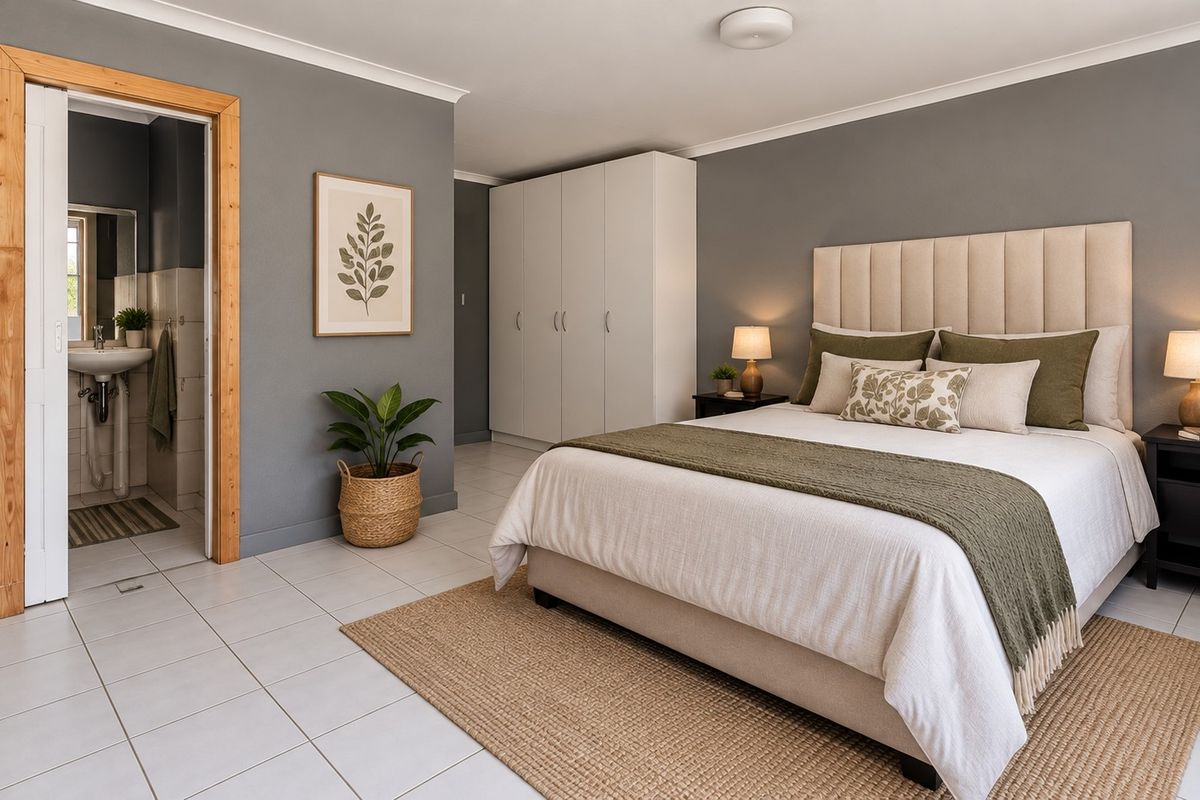 A well-maintained bedroom featuring neutral grey walls, tiled flooring, built-in wardrobes, and direct access to an en-suite bathroom.