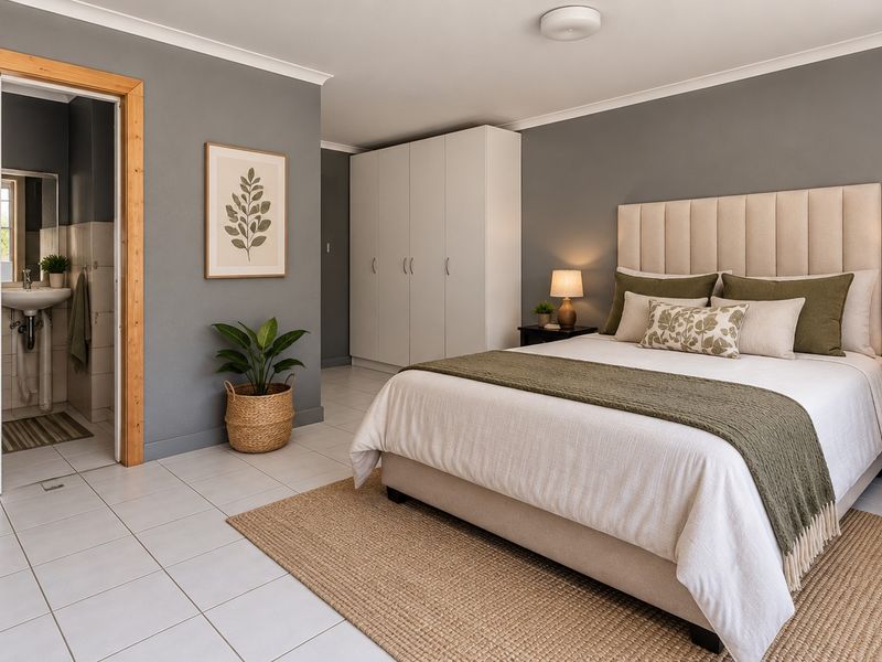 A well-maintained bedroom featuring neutral grey walls, tiled flooring, built-in wardrobes, and direct access to an en-suite bathroom.