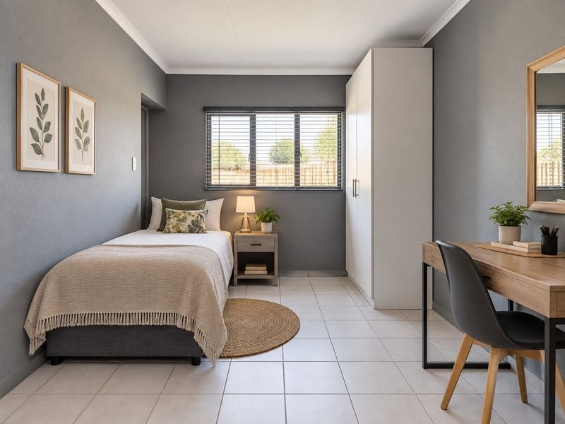 A well-maintained bedroom featuring neutral grey walls, tiled flooring, a built-in wardrobe, and venetian blinds for privacy.