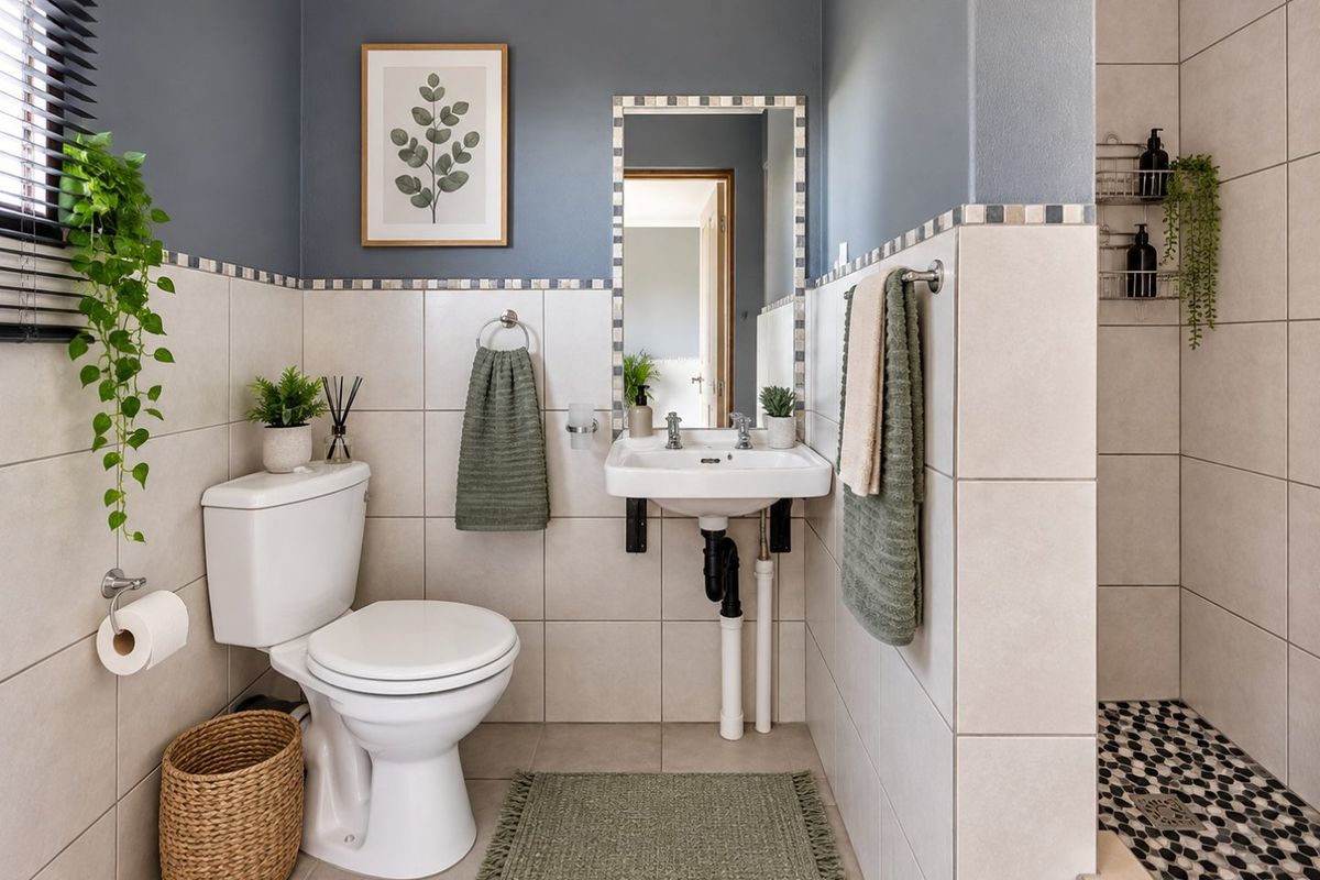 A well-maintained bathroom featuring a wall-mounted basin, toilet, and a separate shower enclosure with mosaic floor tiling and neutral wall tiles.