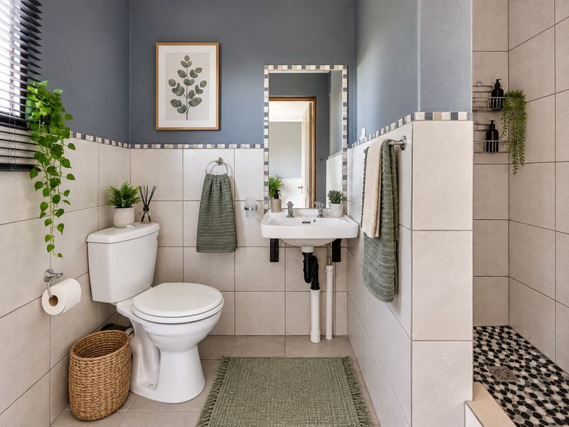 A well-maintained bathroom featuring a wall-mounted basin, toilet, and a separate shower enclosure with mosaic floor tiling and neutral wall tiles.