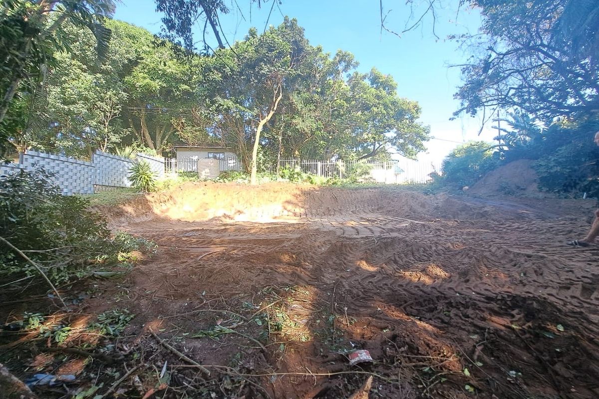 A vacant residential plot featuring cleared earth, mature trees, and perimeter boundary walls, offering a blank canvas for future development.
