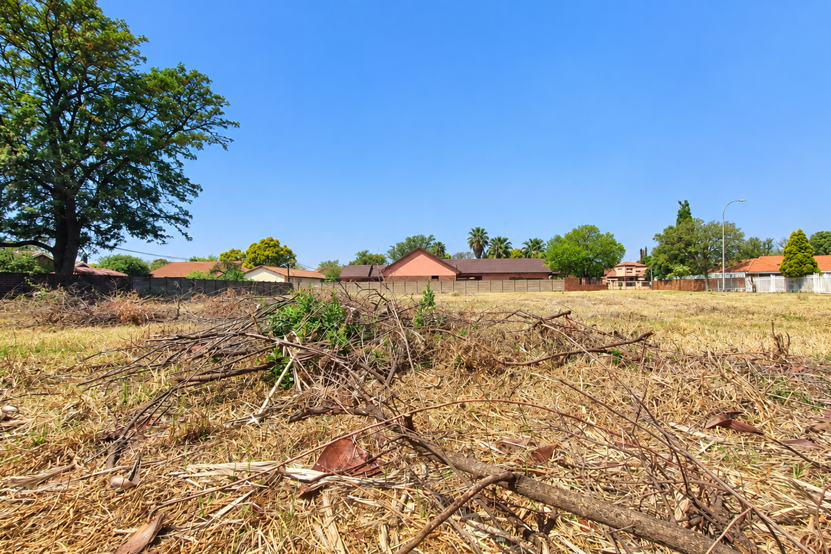 A vacant residential plot featuring dry grass, scattered brush, and mature trees, enclosed by a boundary wall in a suburban neighborhood setting.