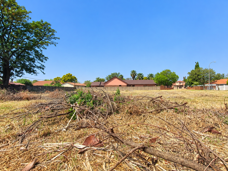 A vacant residential plot featuring dry grass, scattered brush, and mature trees, enclosed by a boundary wall in a suburban neighborhood setting.