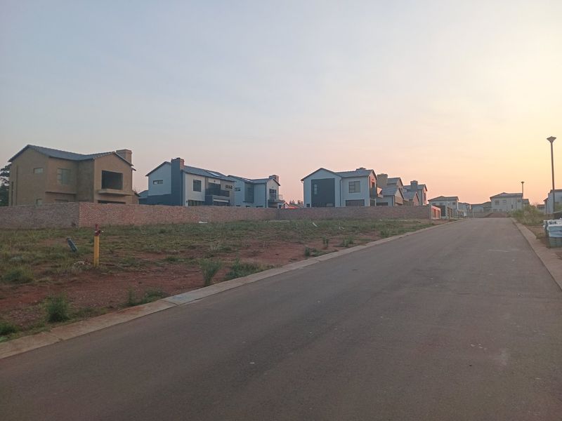 A street view of a residential development featuring paved roads, street lighting, and established brick boundary walls surrounding the vacant land plots.