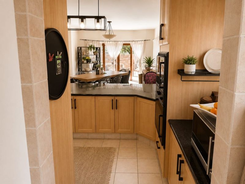 Open plan kitchen featuring light wood cabinetry, dark granite countertops, and built-in oven, flowing seamlessly into the adjacent dining area with garden access.