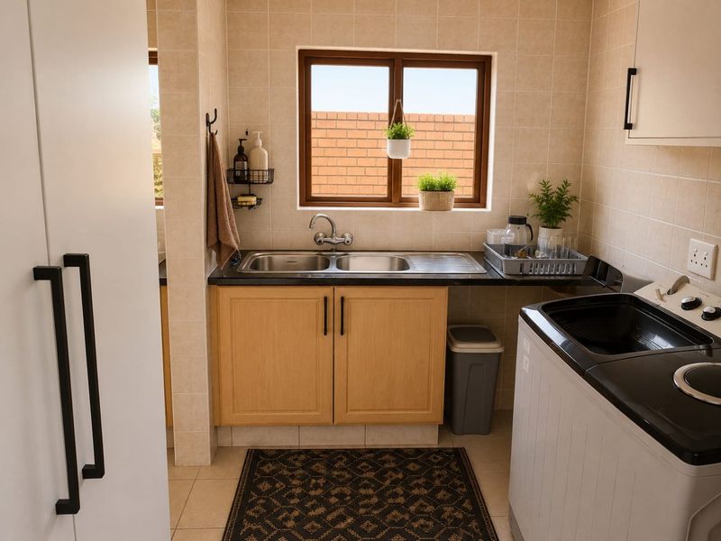 A functional laundry room featuring a double stainless steel sink, tiled splashback, and ample laminate cabinetry for storage.