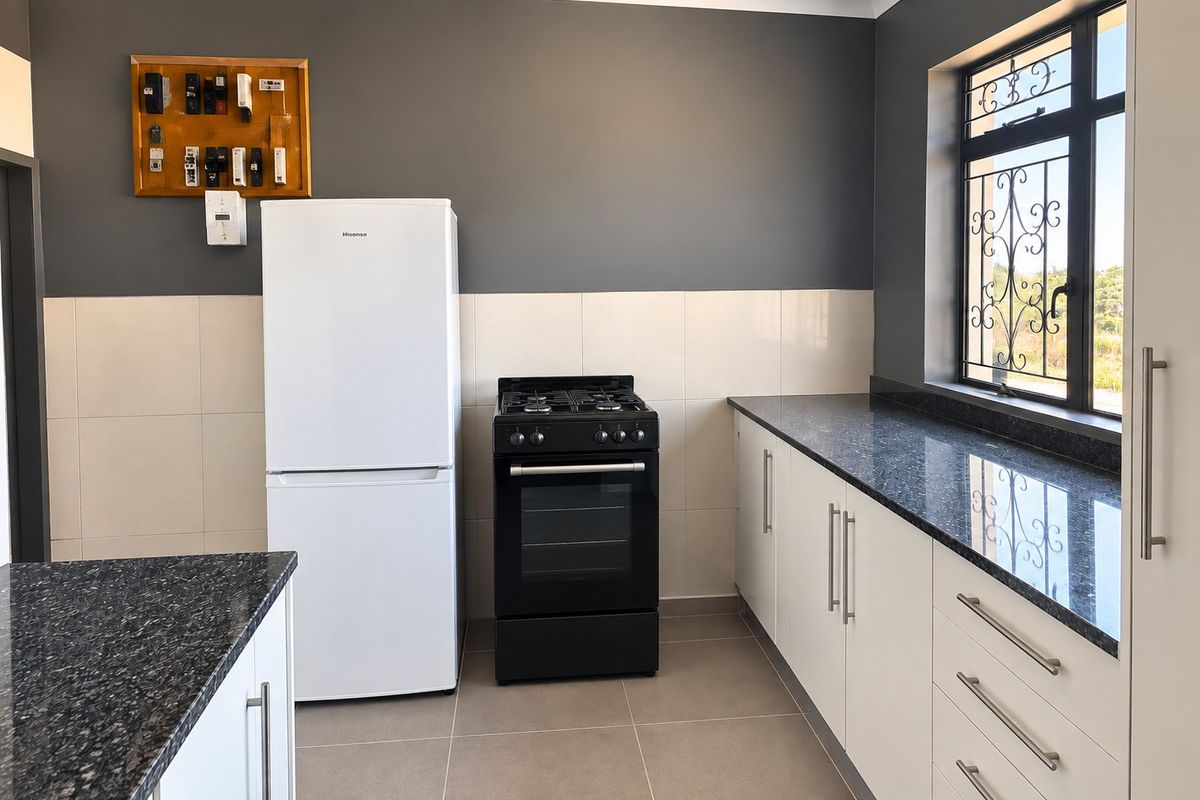 Modern kitchen featuring granite countertops, white cabinetry, tiled backsplash, and a freestanding gas stove with oven.
